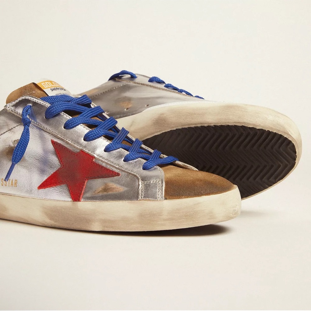 Golden Goose Silver and Red Distressed Sneakers Size 43 - Picture 2 of 11